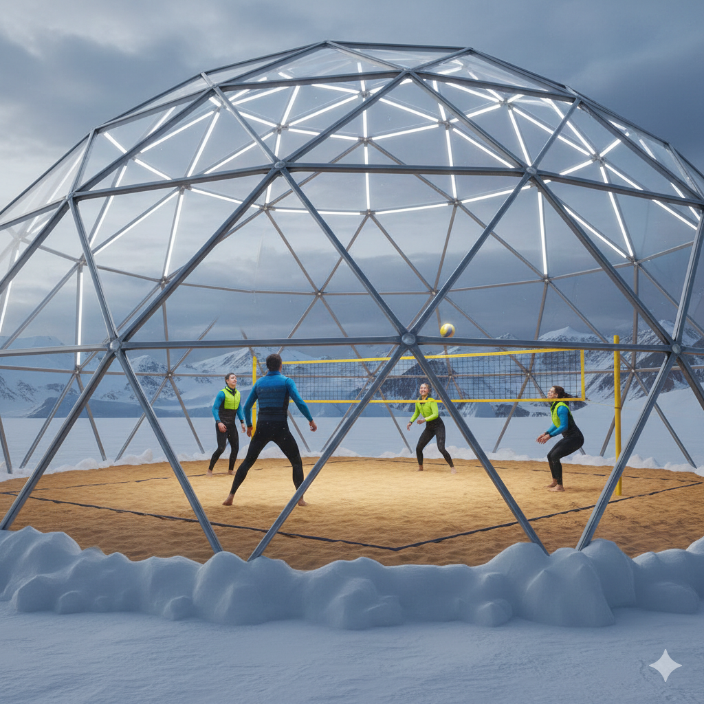 Jogadores de vôlei usando roupas térmicas em uma quadra de areia cercada por neve